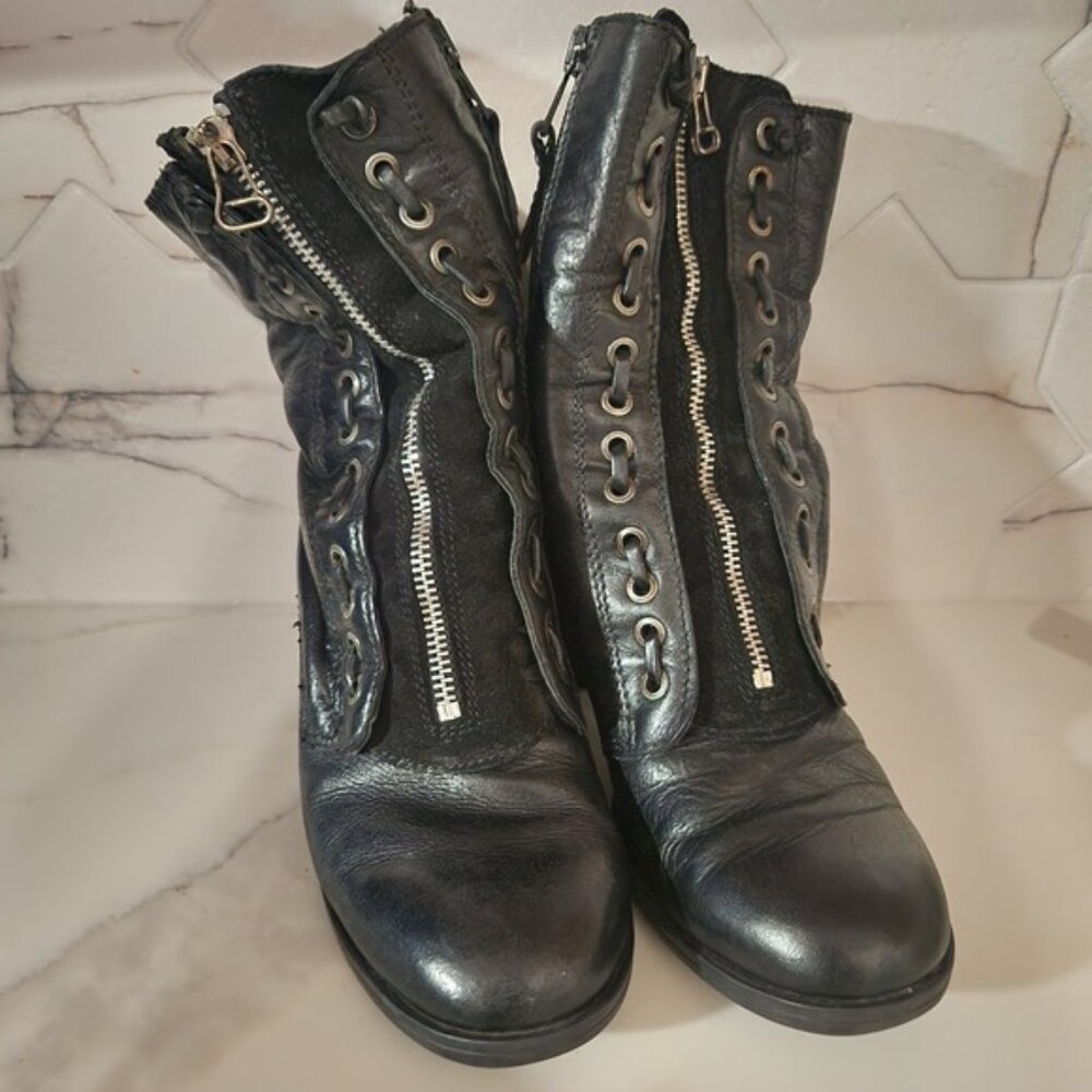 Black Leather Lace Up Zipper Block Heel Ankle Boots Women's Size 39 - Picture 2 of 8